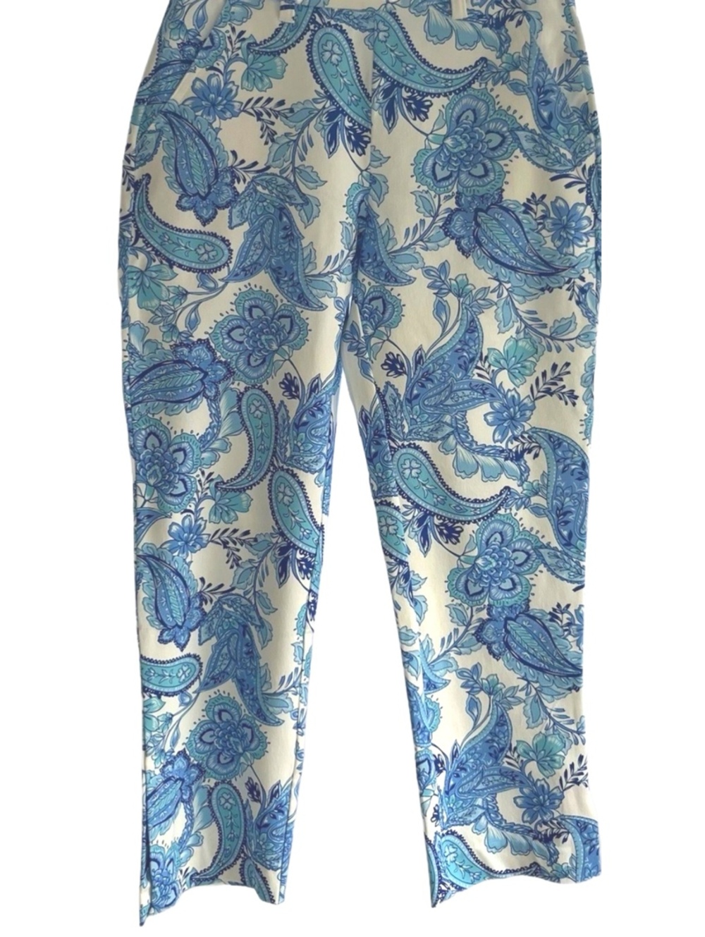 Boston Proper Blue Wave Paisley Twill Pull-On Flat Front Cropped Pants  Size 2